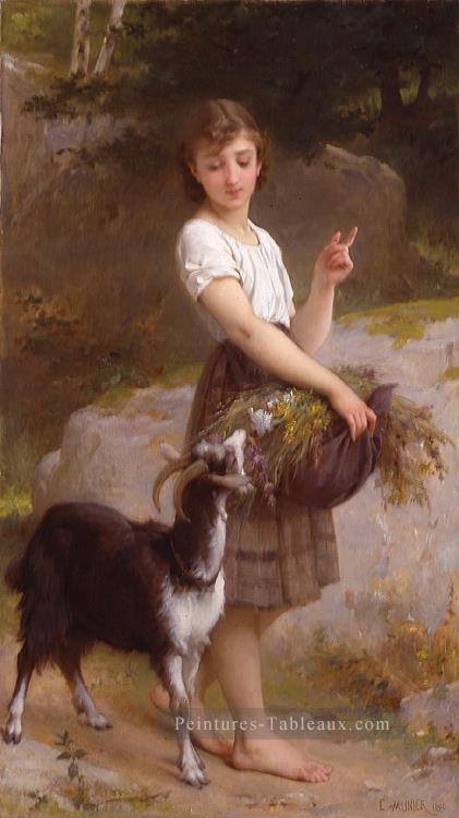 jeune fille avec chèvre et fleurs académique réalisme fille Émile Munier Peintures à l'huile